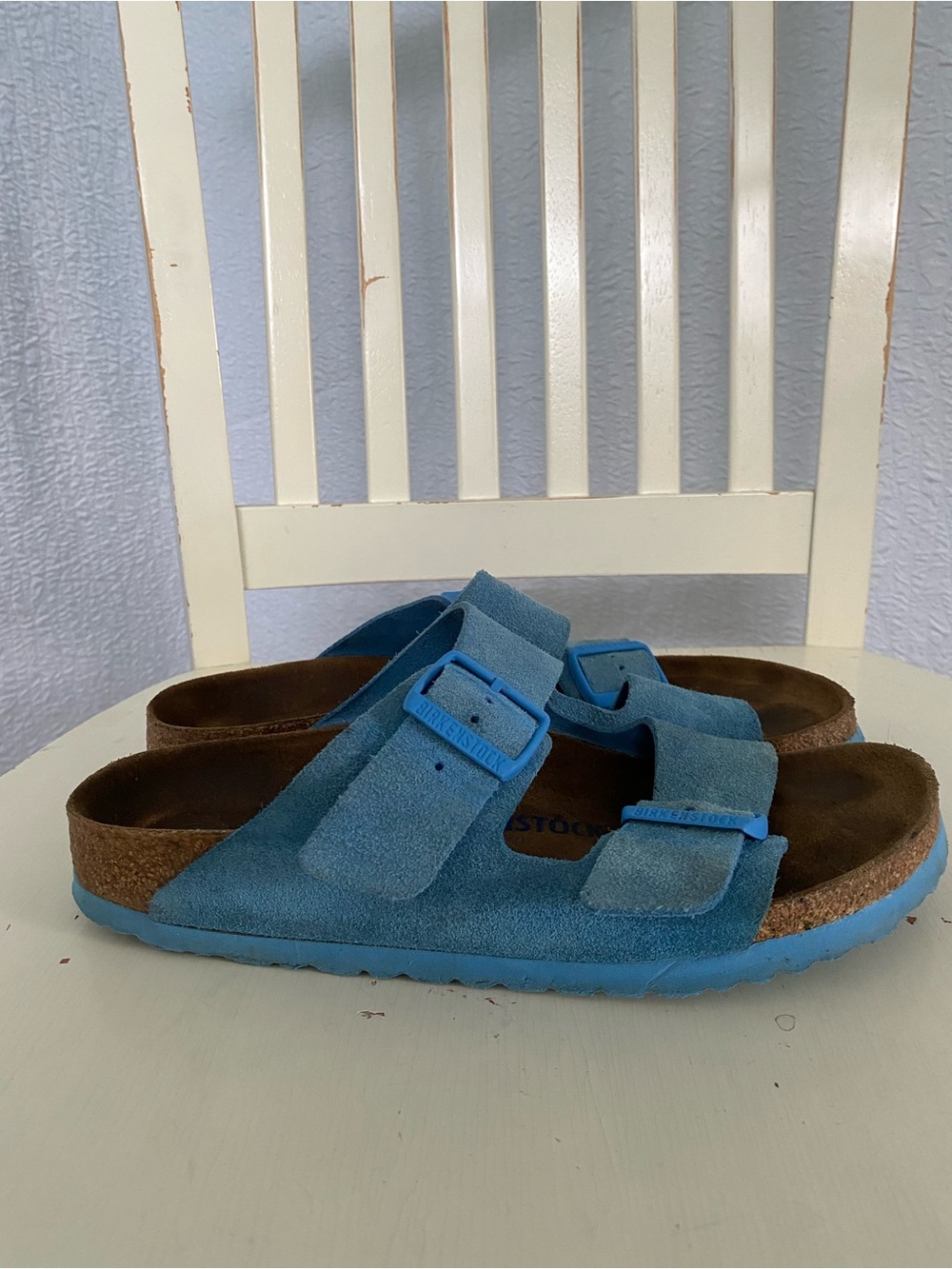 Birkenstock Arizona Two-Strap Suede Softbed Sandals in Blue - Picture 3 of 10
